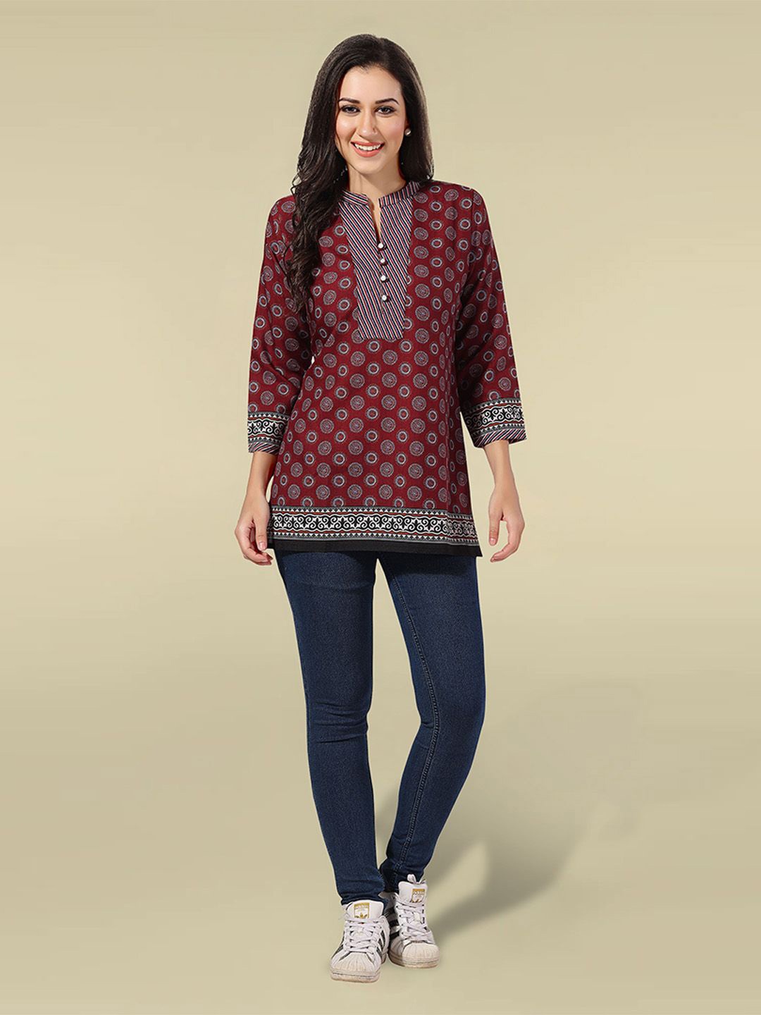 

KALINI Women Printed Mandarin Collar Cotton Tunic, Maroon