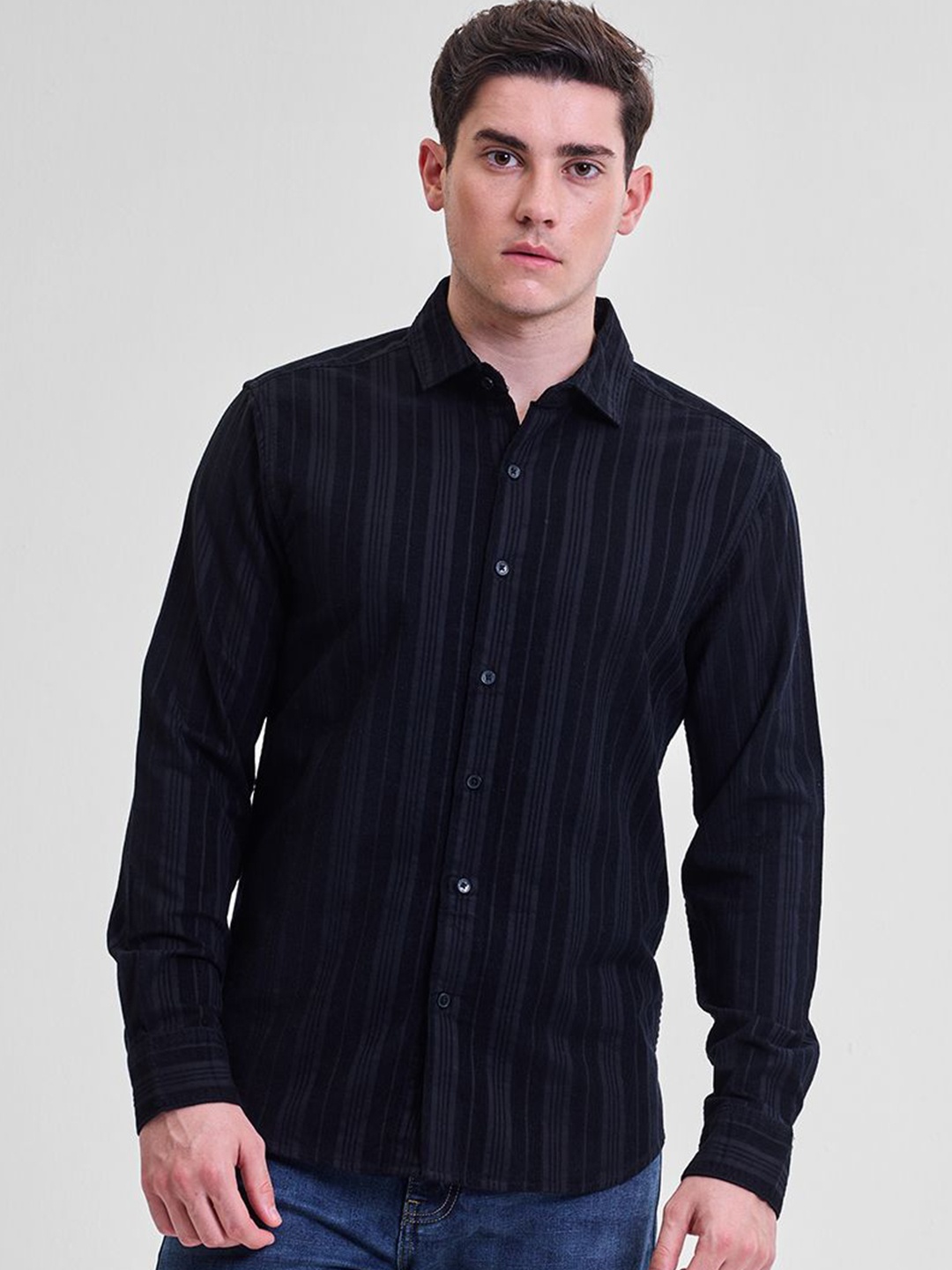 

Snitch Men Smart Slim Fit Opaque Striped Casual Shirt, Black