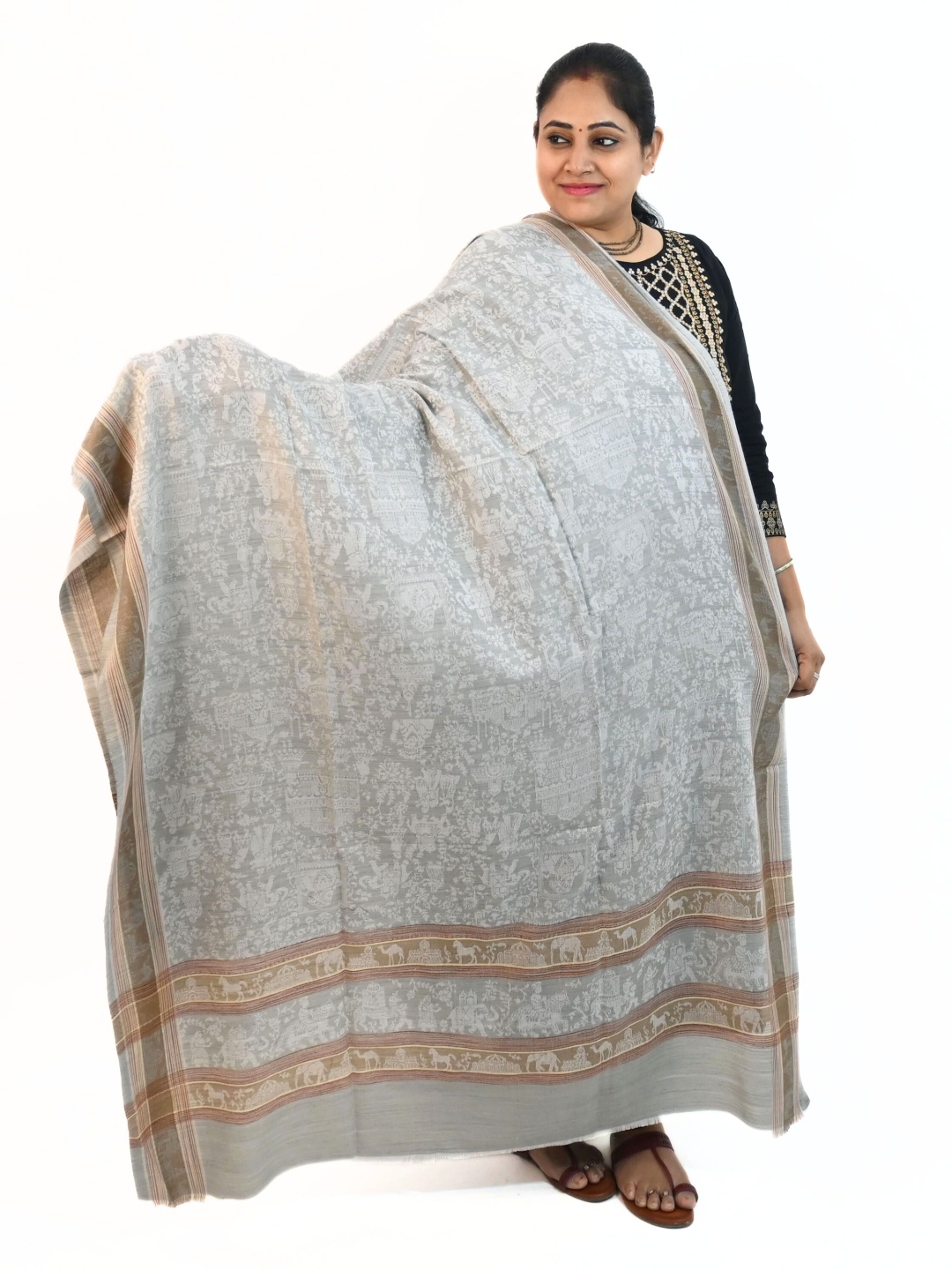 

Vrinde Women Ethnic Motifs Printed Shawl, Grey