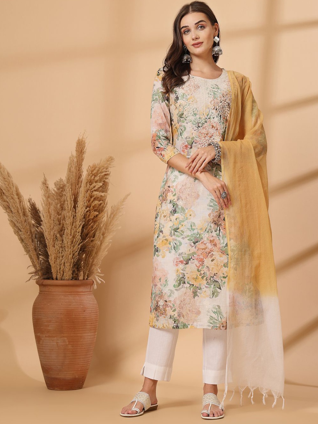 

Shangri LA MS Designs Women Floral Embroidered Regular Chikankari Pure Cotton Kurta with Trousers & With, Yellow