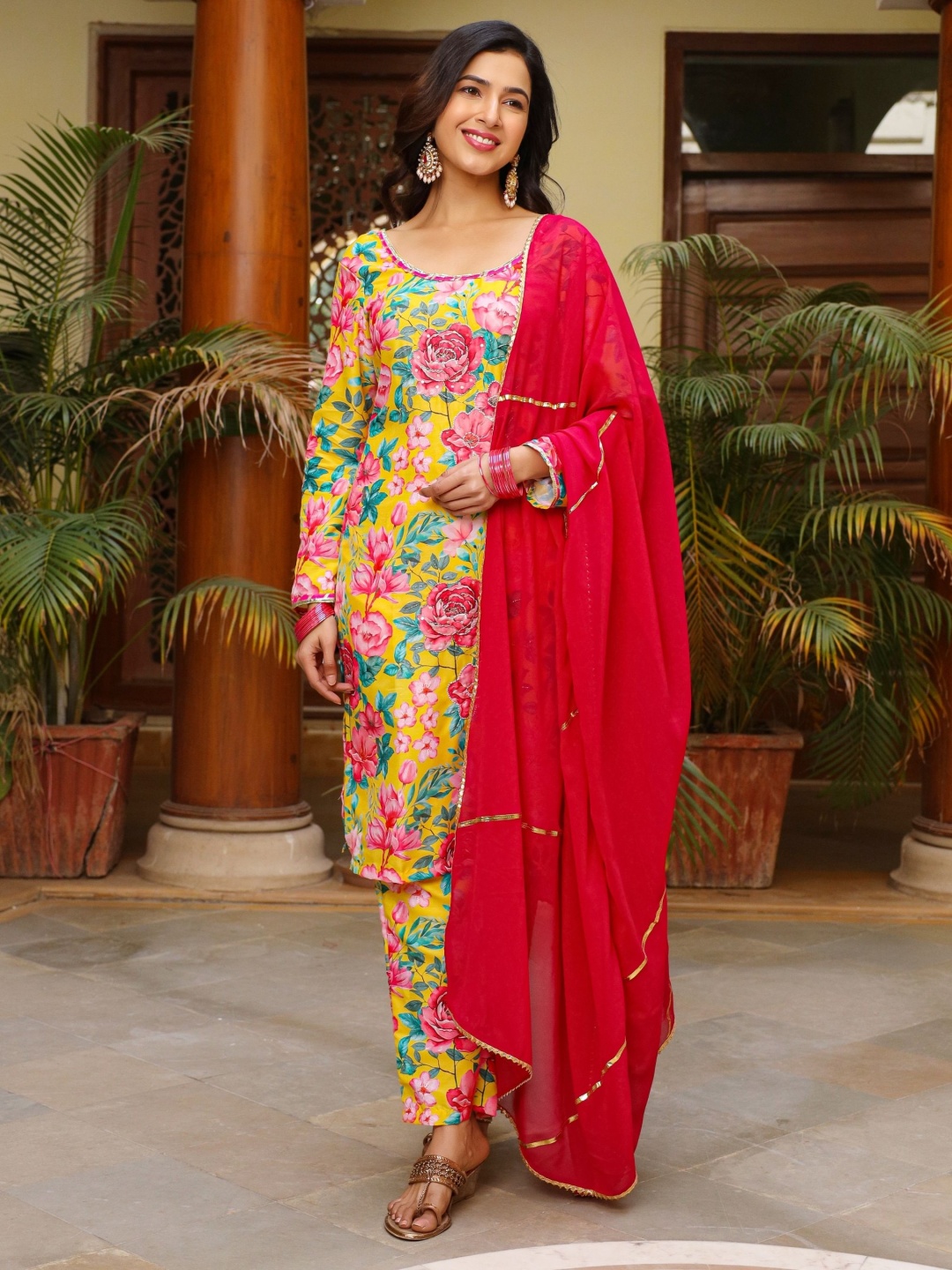 

ASHEERA Women Floral Printed Regular Aari Work Pure Cotton Kurta with Trousers & With Dupatta, Yellow