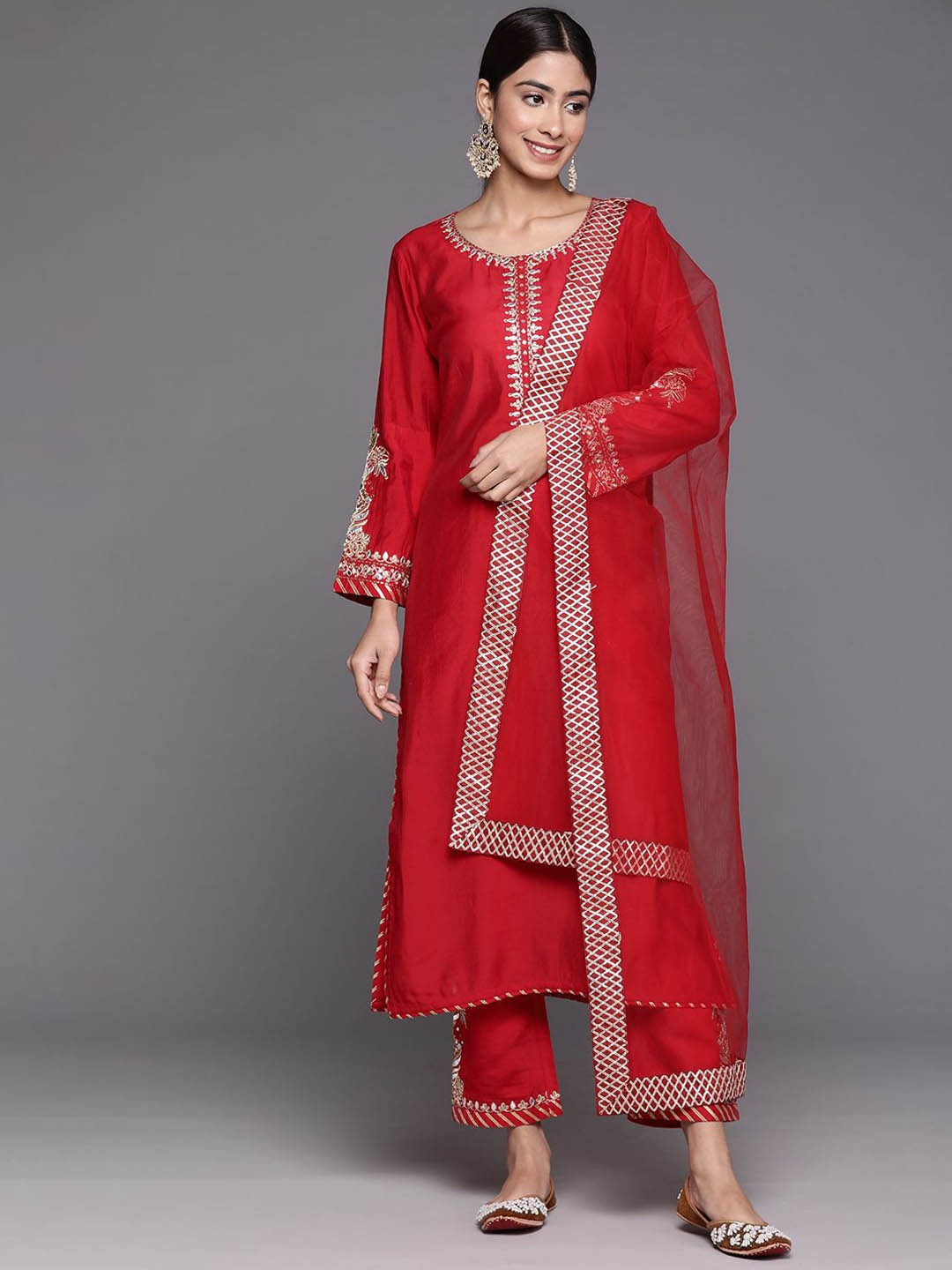 

KALINI Women Ethnic Motifs Embroidered Regular Kurta with Trousers & With Dupatta, Red