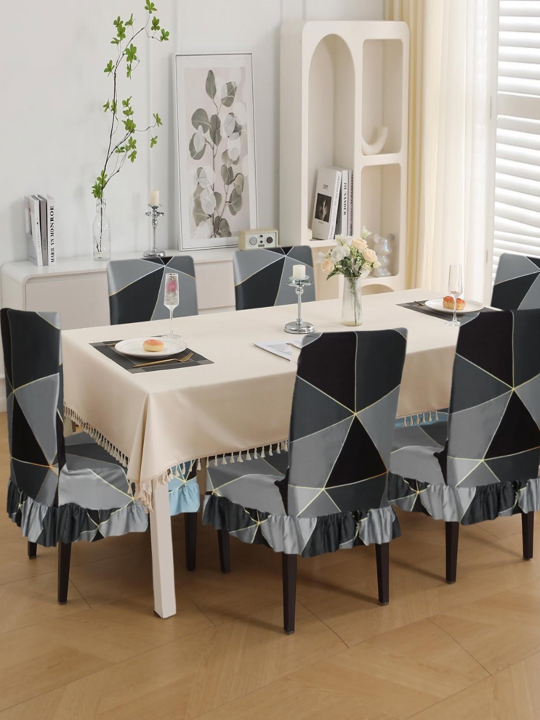 

Dakshya Industries Set Of 6 Black & Gold Colourblocked Chair Cover, Grey