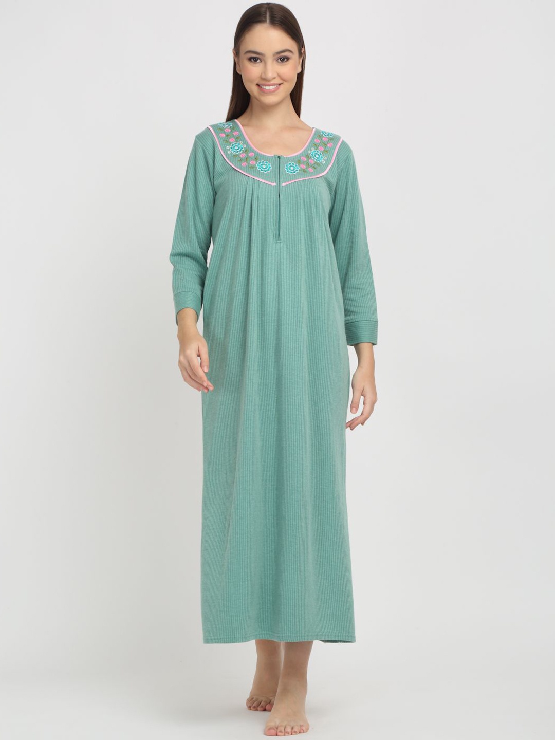 

Arrabi Women Embroidered Maxi Nightdress, Green