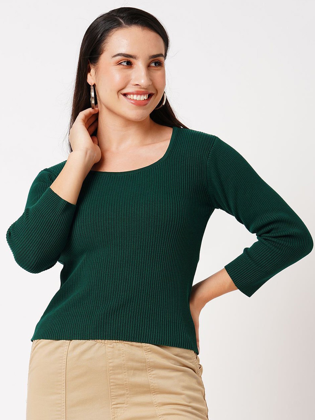 

Kraus Jeans Women Round Neck Three-Quarter Sleeves Crop Top, Green