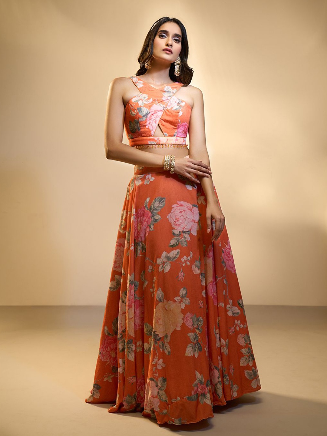 

Alaya Advani Printed Ready to Wear Lehenga & Blouse With Dupatta, Orange