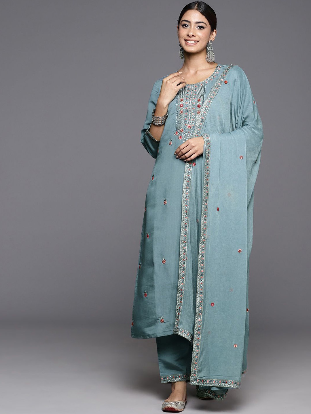 

KALINI Women Embroidered Regular Thread Work Kurta with Trousers, Blue