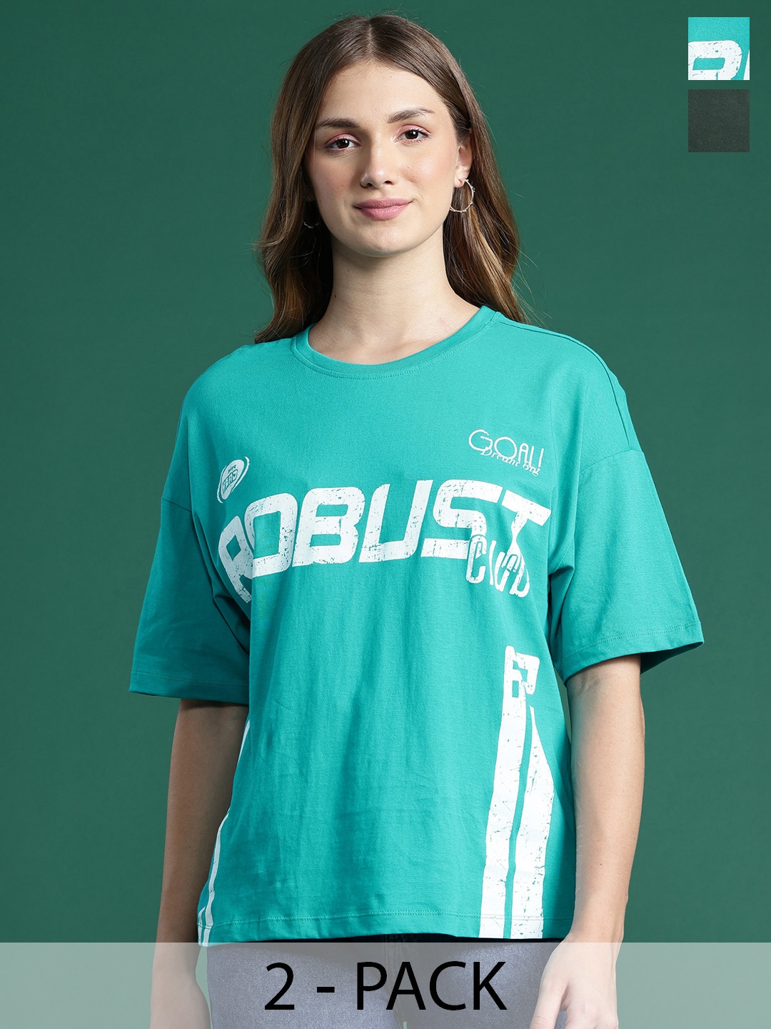 

DressBerry Pack of 2 Drop-Shoulder Sleeves Pure Cotton T-shirts, Green