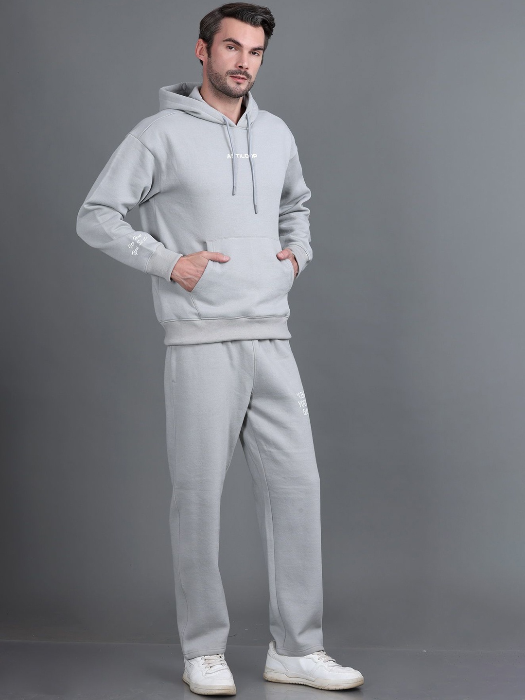 

Antiloop Men Printed Drop Shoulder Hooded Tracksuit, Grey