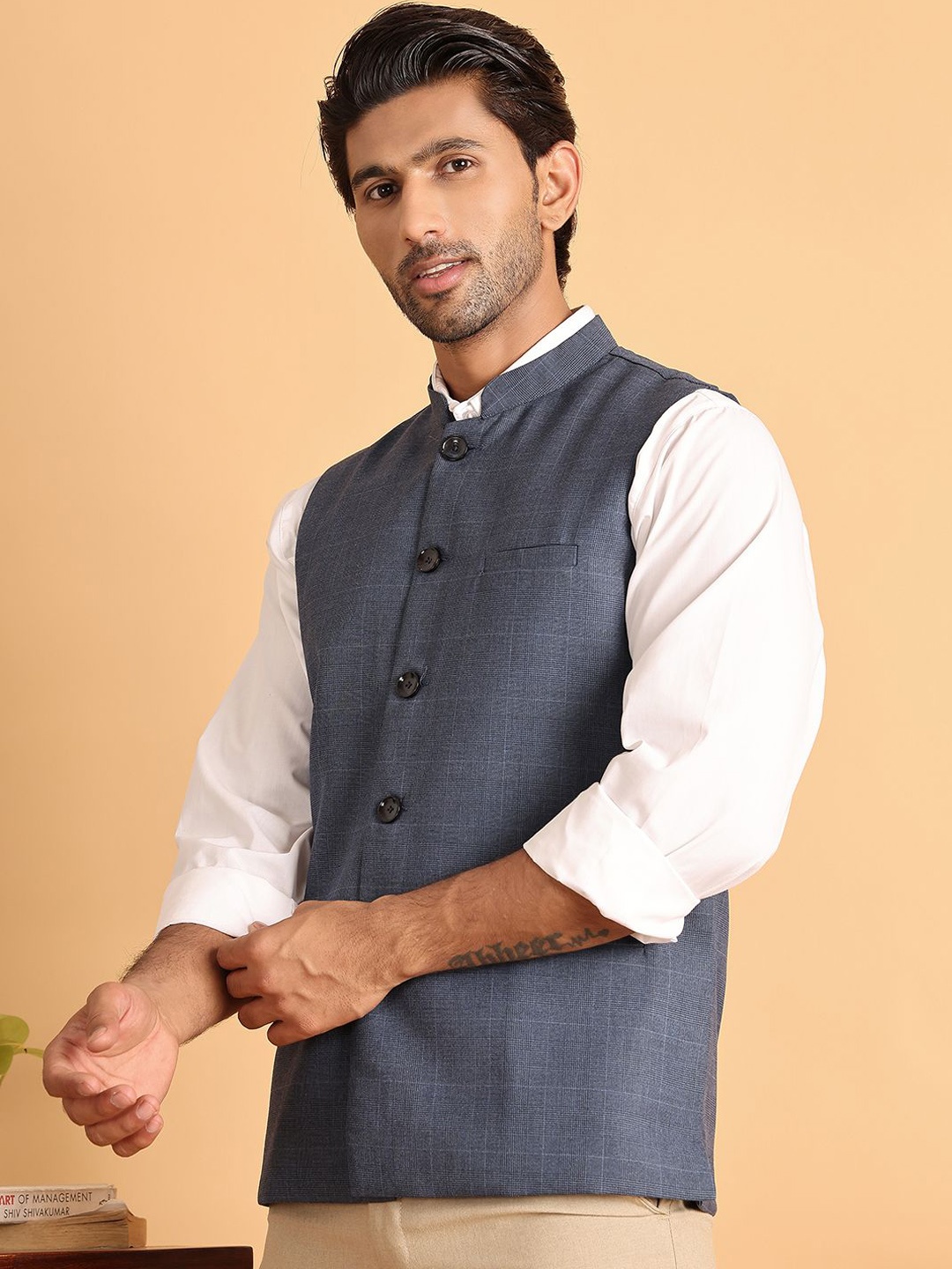 

Jompers Checked Pure Cotton Woven Nehru Jacket, Blue