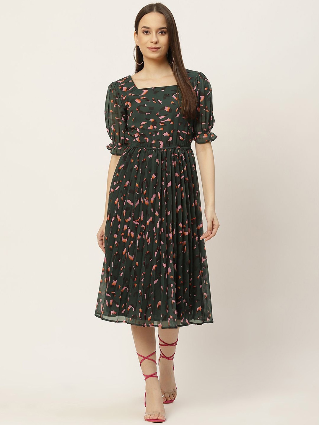 

Slenor Women Printed Puff Sleeve Fit and Flare Midi Dress, Green