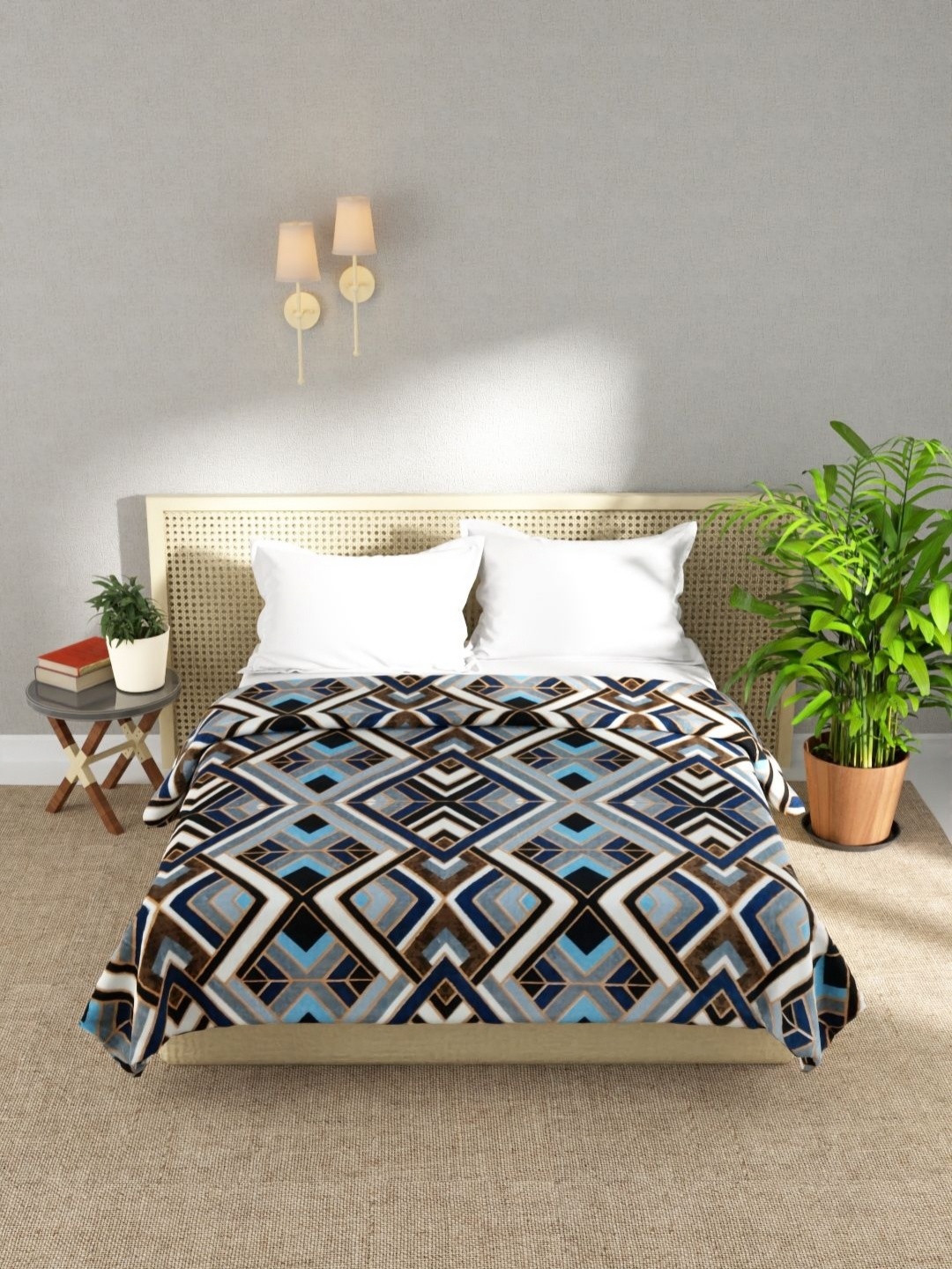 

KOPA Blue & Brown Geometric Microfiber AC Room 300 GSM Double Bed Blanket