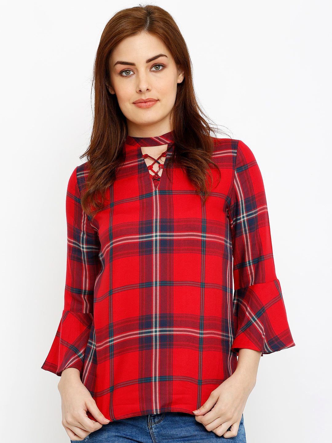 

Kraus Jeans Women Choker Neck Checked Bell Sleeve Top, Red