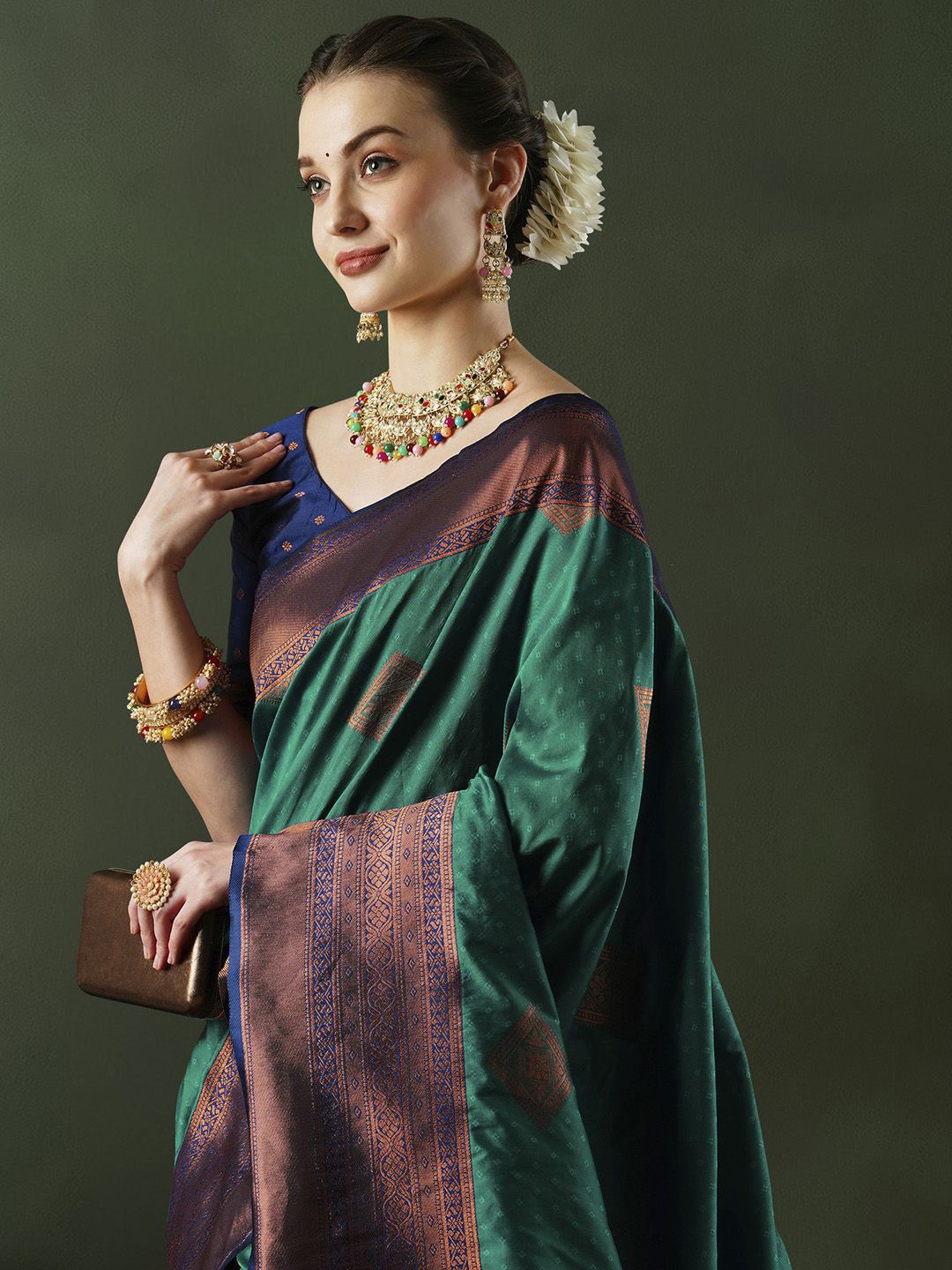 

Sangria Ethnic Motifs Woven Design Banarasi Saree With Unstitched Blouse, Teal
