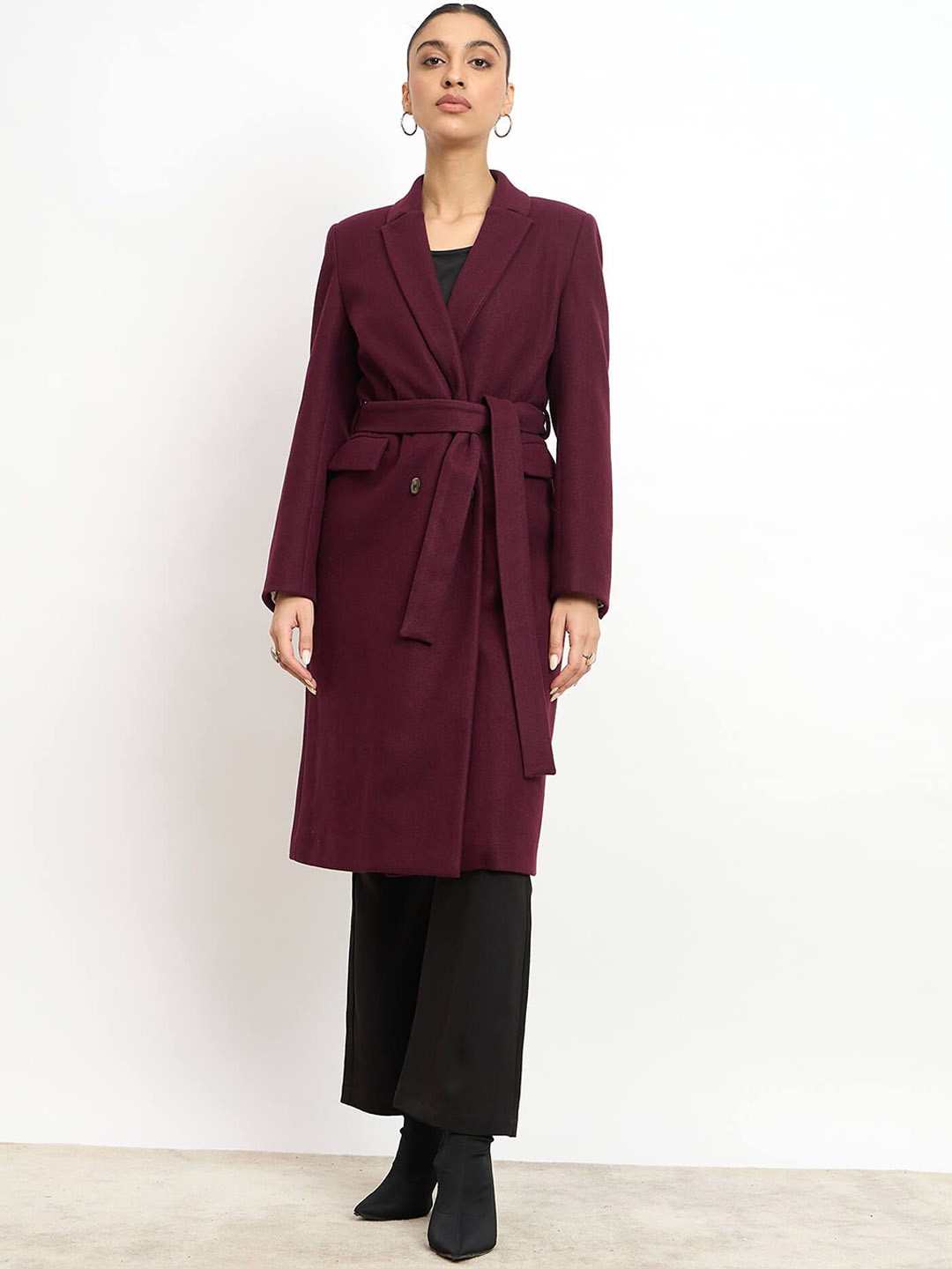 

SALT ATTIRE Long Sleeve Double Breasted Longline Overcoat With Waist Belt, Maroon