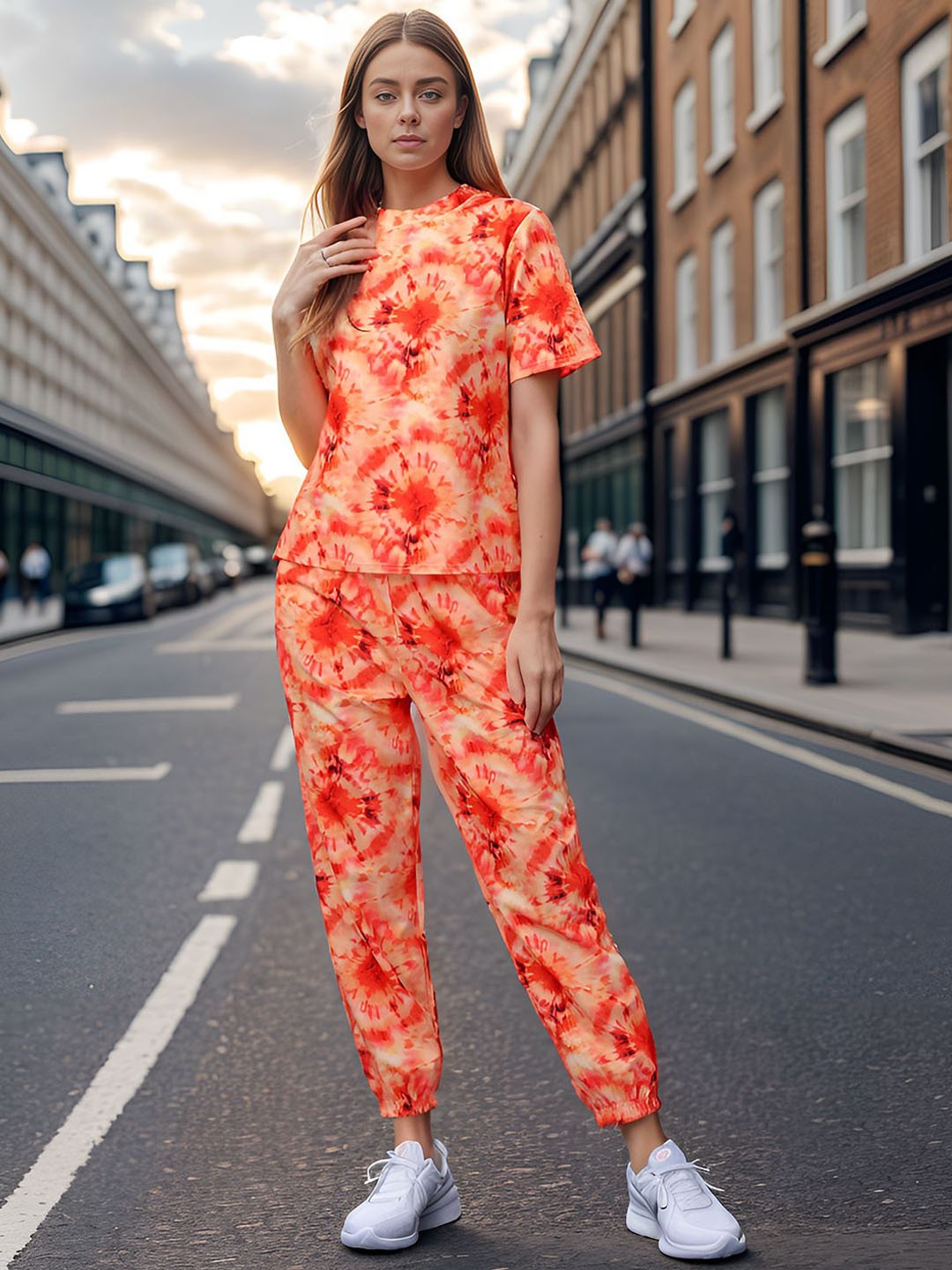 

Roadster Orange Printed Round Neck Short Sleeves T-Shirt With Jogger