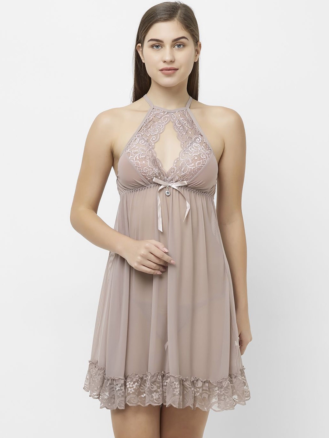 

NOIRA Women Net Halter Neck Baby Doll Comes with brief, Brown