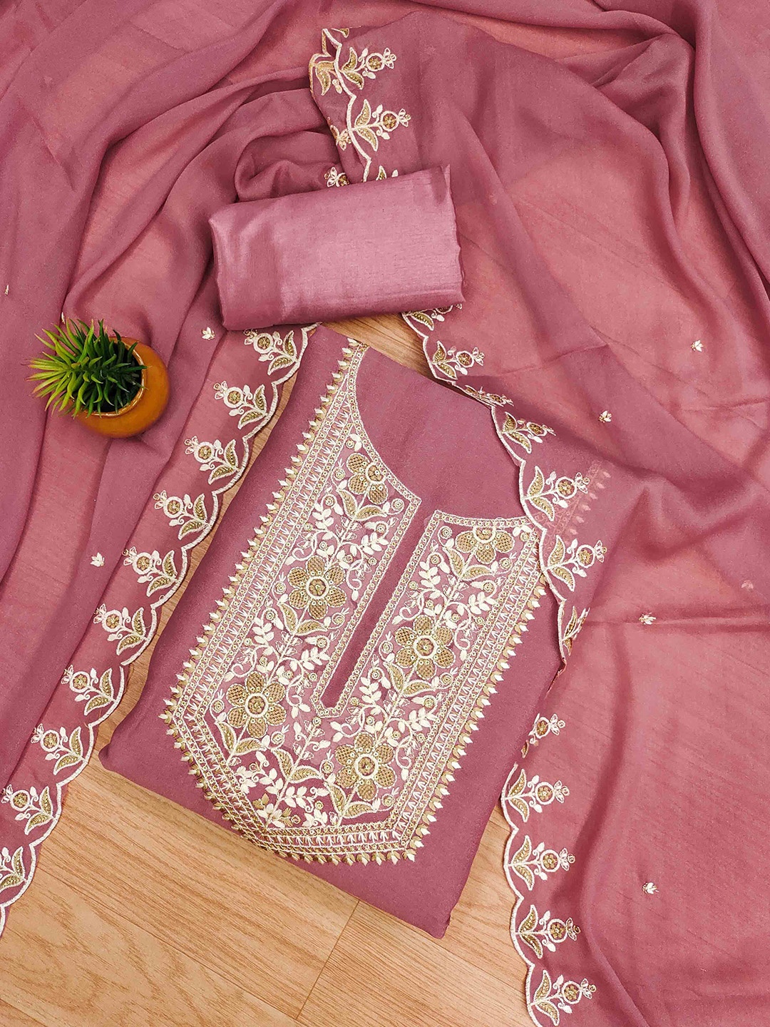 

KIMISHA Embroidered Unstitched Dress Material, Pink