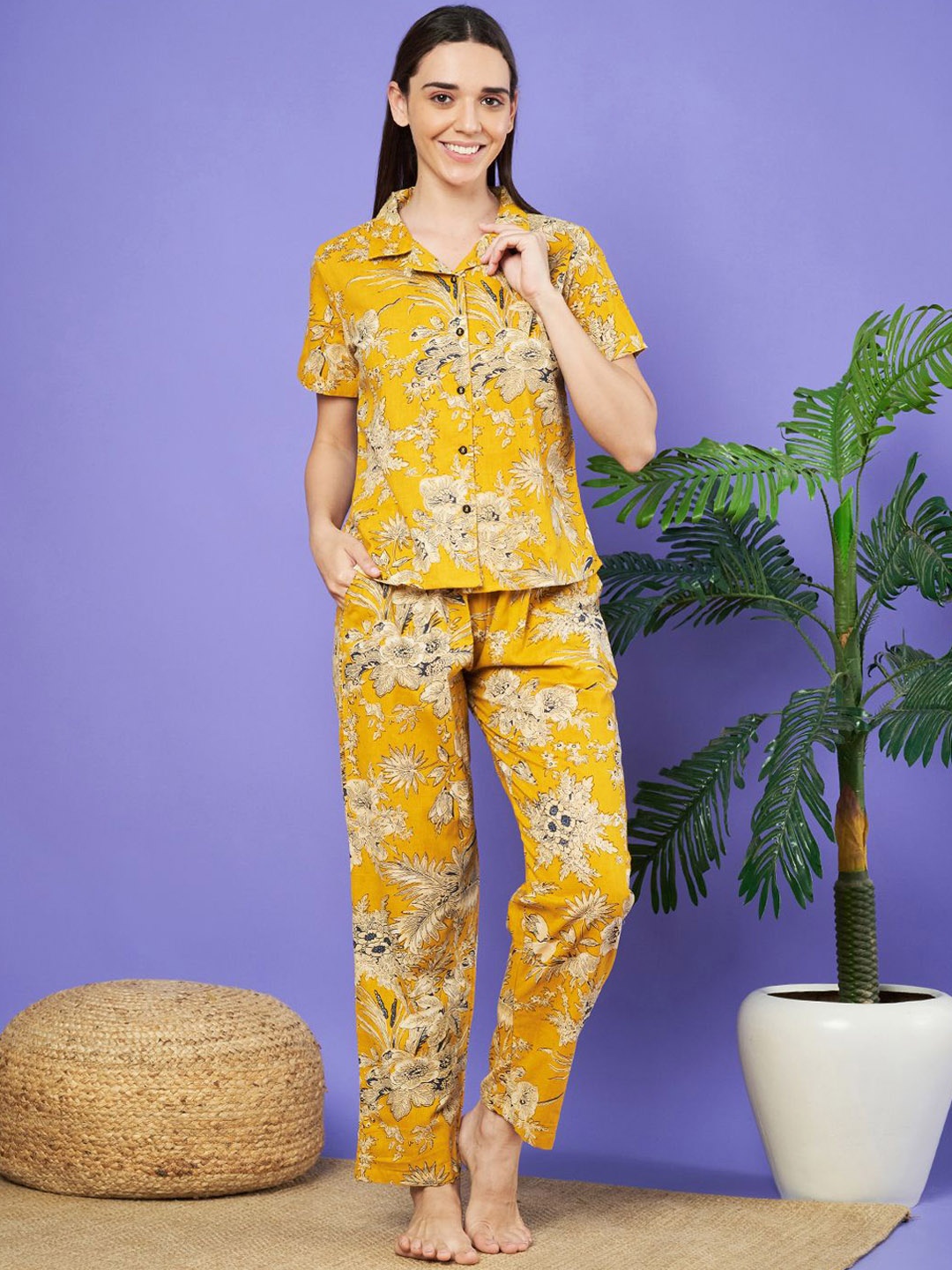 

HERE&NOW Women Printed Pure Cotton Night suit, Mustard