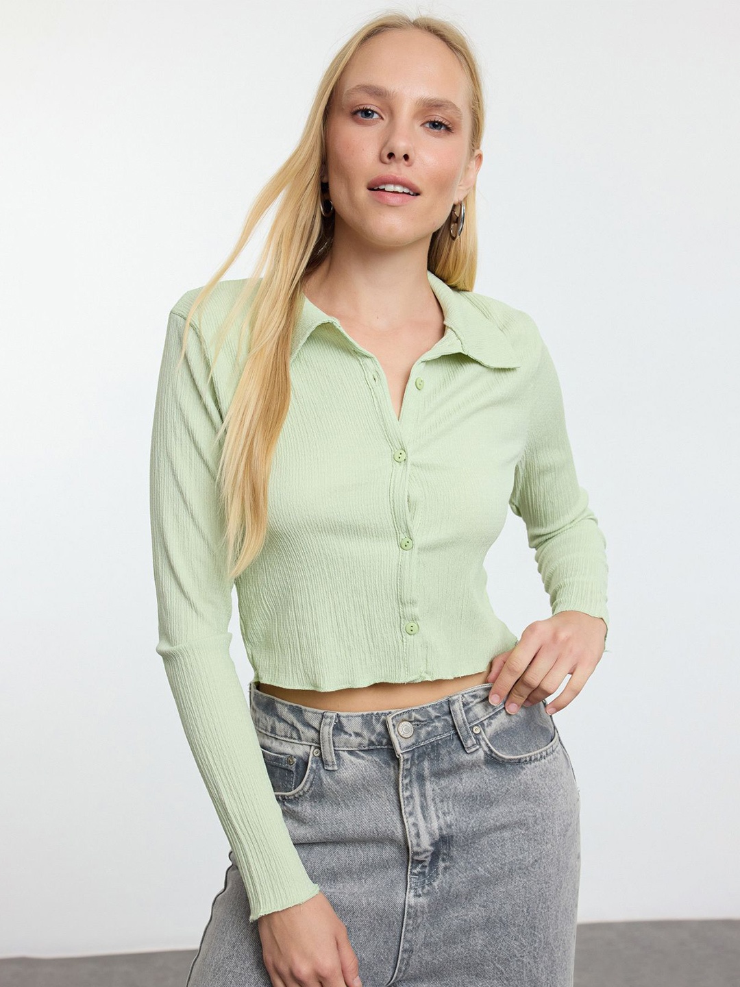 

Trendyol Women Shirt Style Crop Top, Green