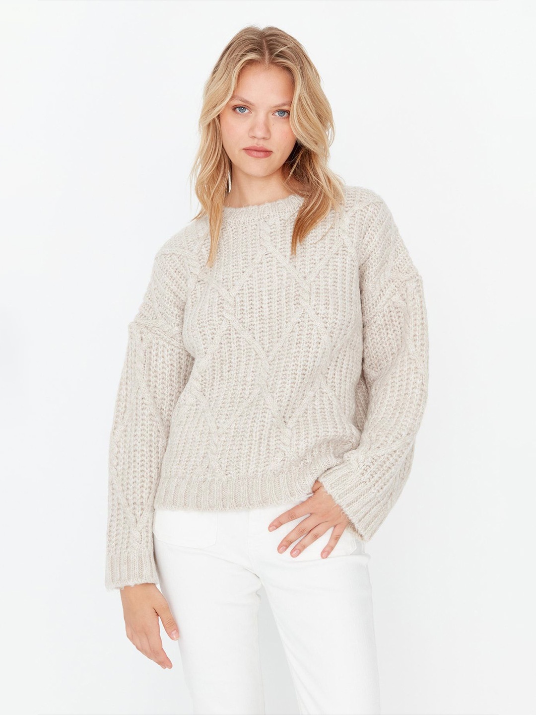 

Trendyol Women Self Design Round Neck Long Sleeves Top, Beige