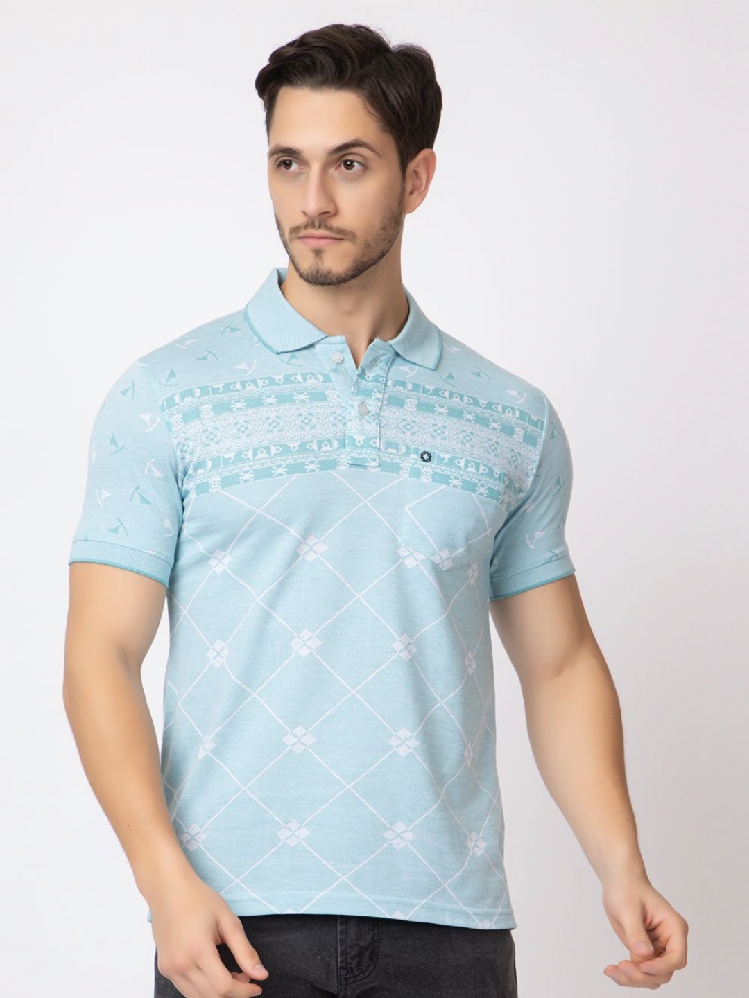 

ARIIX Men Geometric Printed Polo Collar Cotton T-shirt, Blue