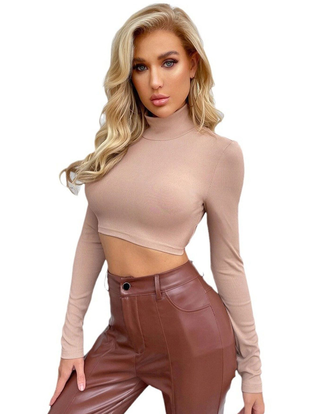 

StyleCast Women High Neck Fitted Crop Top, Beige