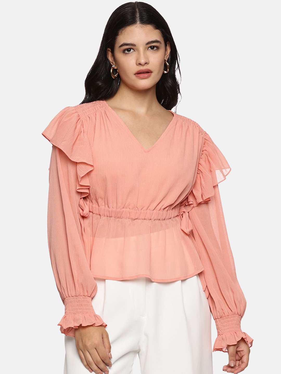 

ISU Women Bishop Sleeves V-Neck Chiffon Cinched Waist Top, Peach