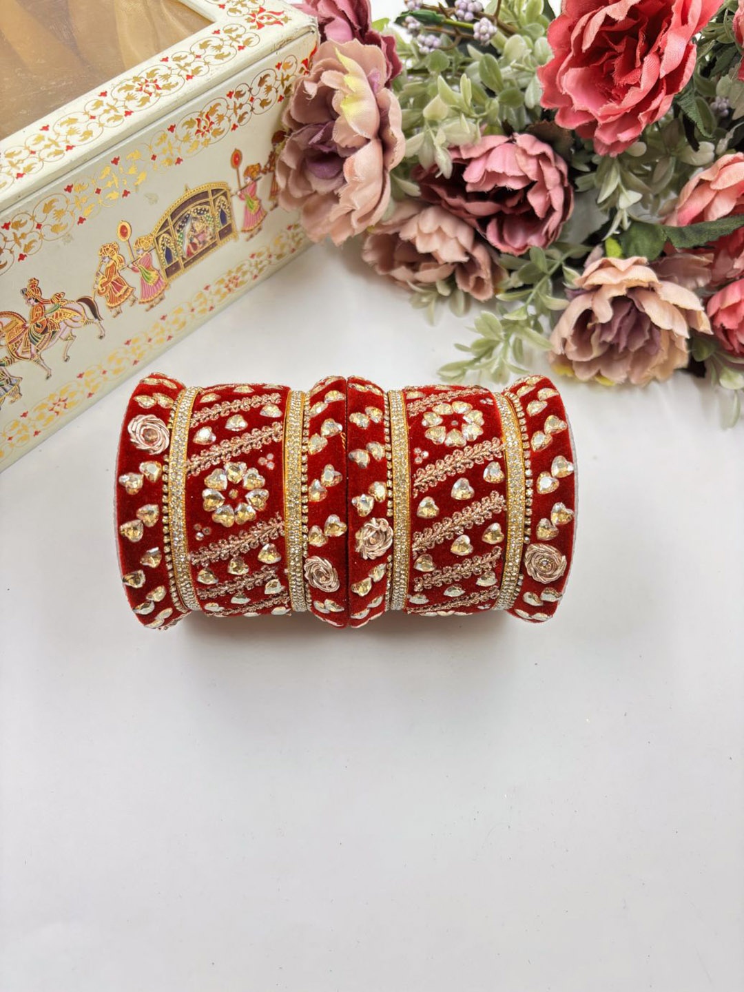 

Wedding Chuda by Hitesh Bangles Set Of 6 Golden Heart Shaped Stonework Design Bangles, Gold
