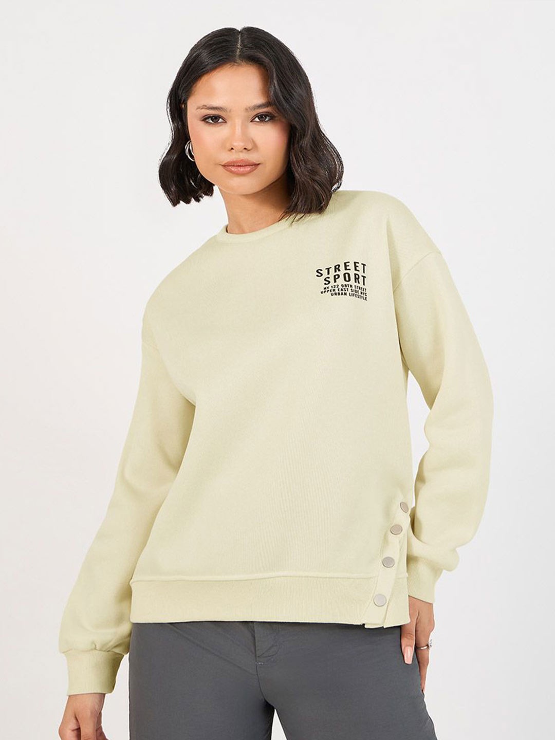 

Styli Typography Printed Sweatshirt With Button Detail, Off white