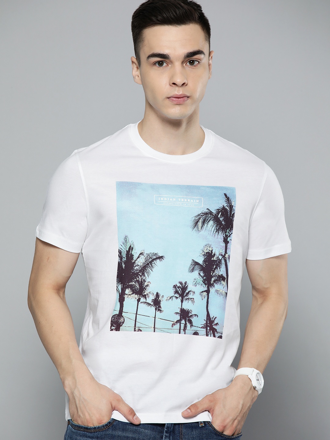 

Indian Terrain Tropical Print Pure Cotton T-shirt, White