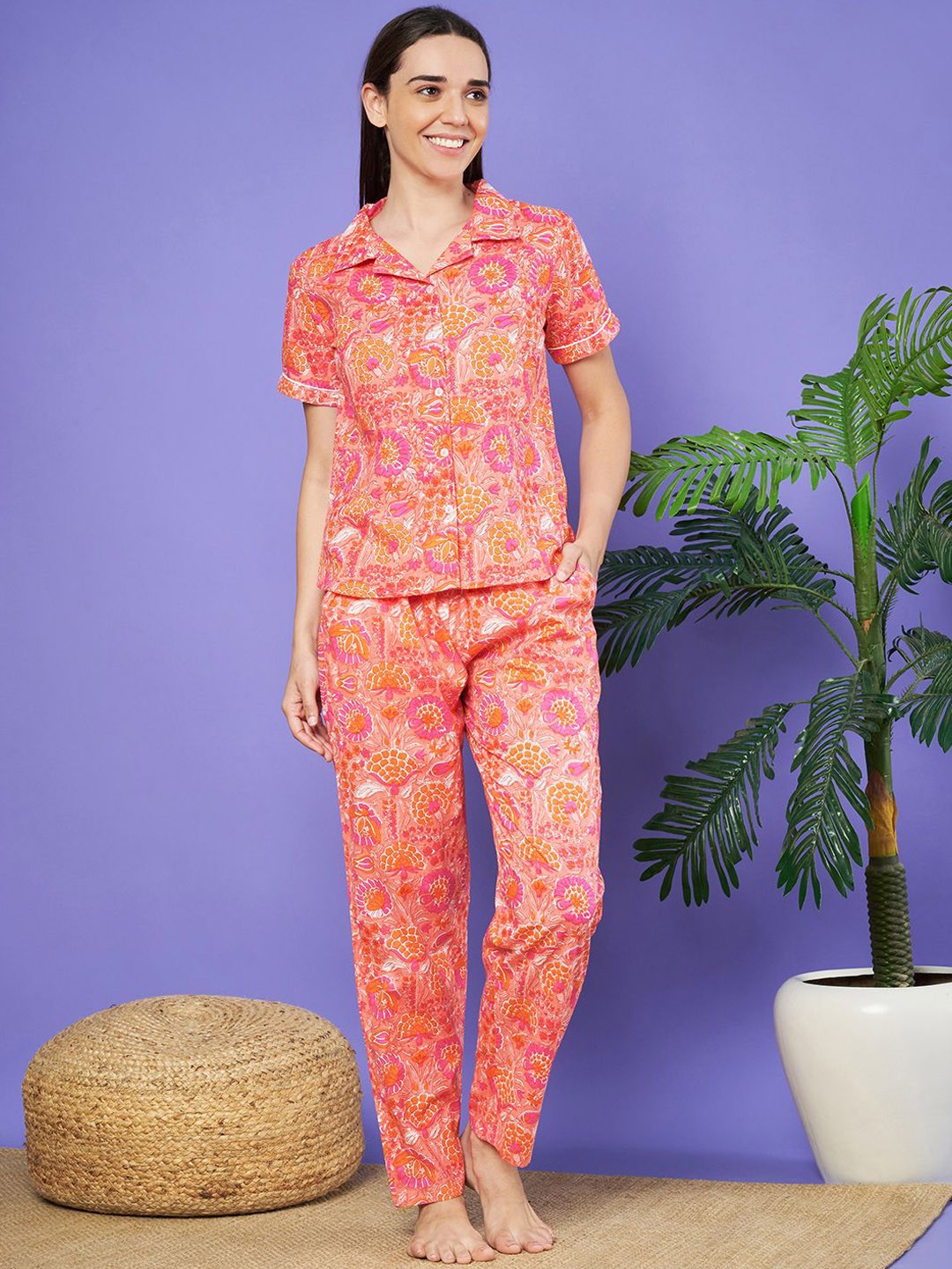 

HERE&NOW Women Floral Printed Pure Cotton Lapel Collar Night suit, Pink