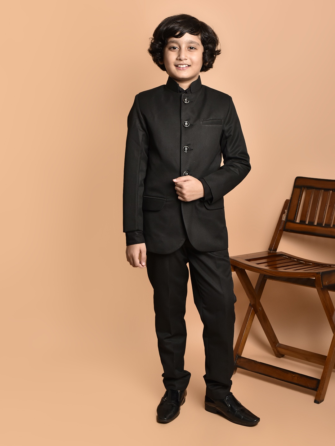 

PRINTCULTR Boys Cotton Two-Piece Mandarin Collar Suit, Black