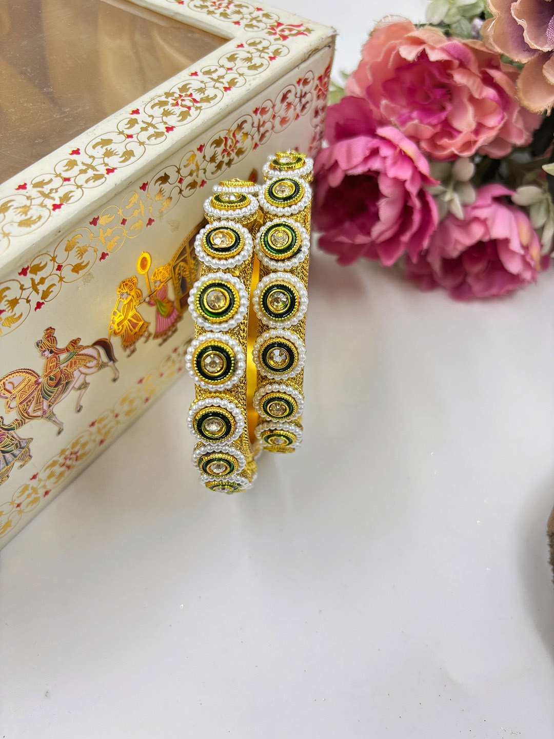 

Wedding Chuda by Hitesh Bangles Set Of 2 Stone Studded & Beaded Bangles, Gold