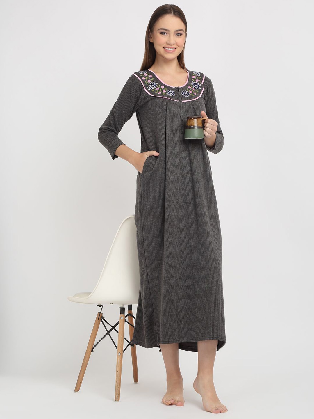 

Arrabi Women Embroidered Maxi Nightdress, Grey