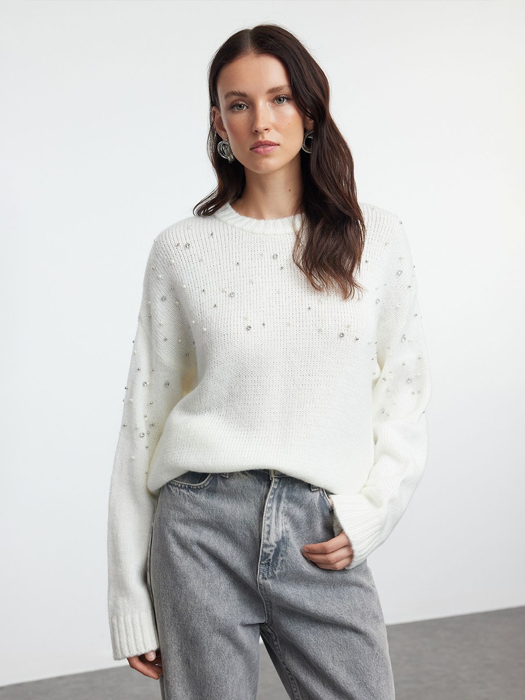

Trendyol Women Embellished Self Design Pullover, White