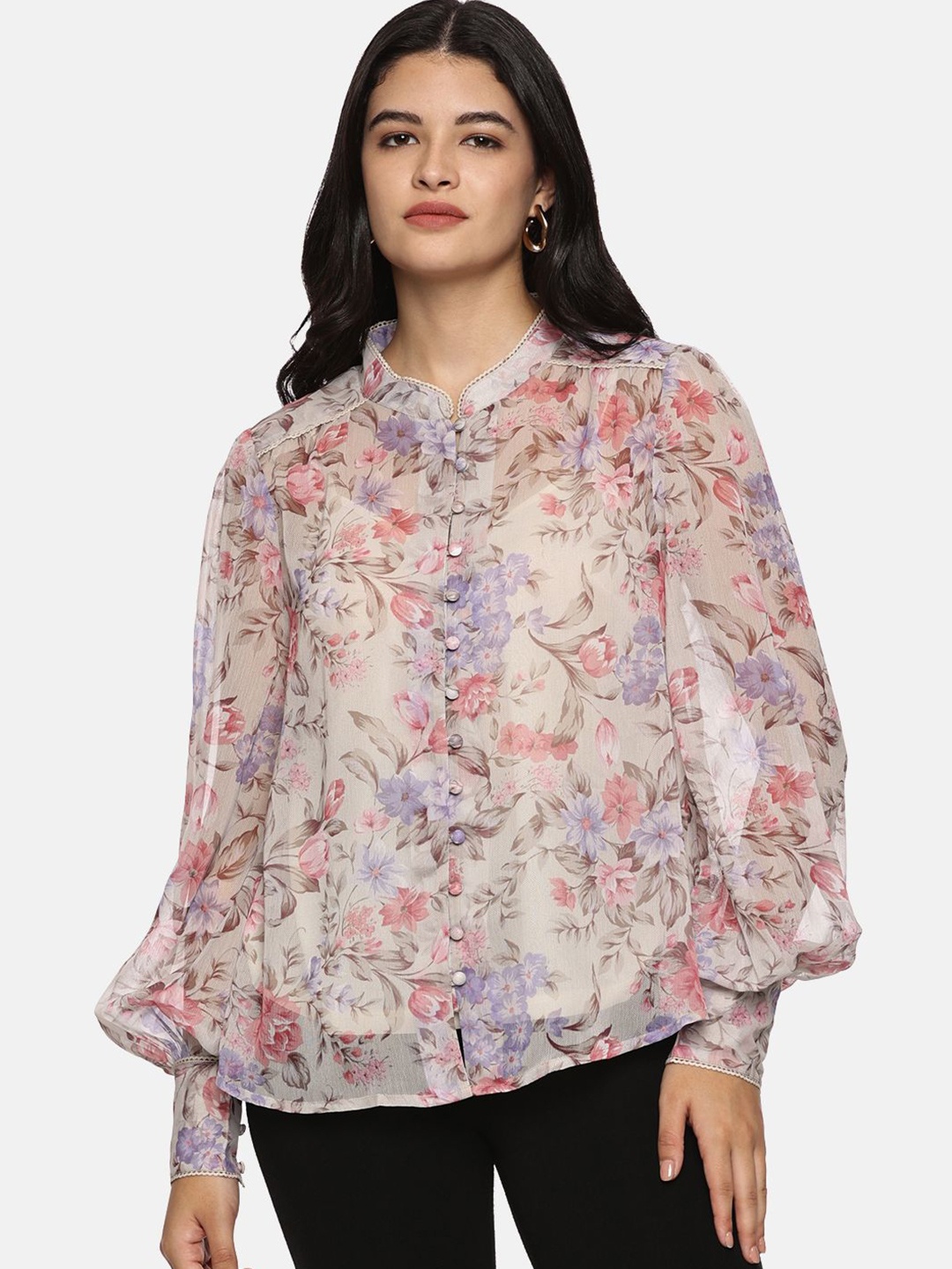 

ISU Women Floral Printed Mandarin Collar Cuffed Sleeves Shirt Style Top, Beige