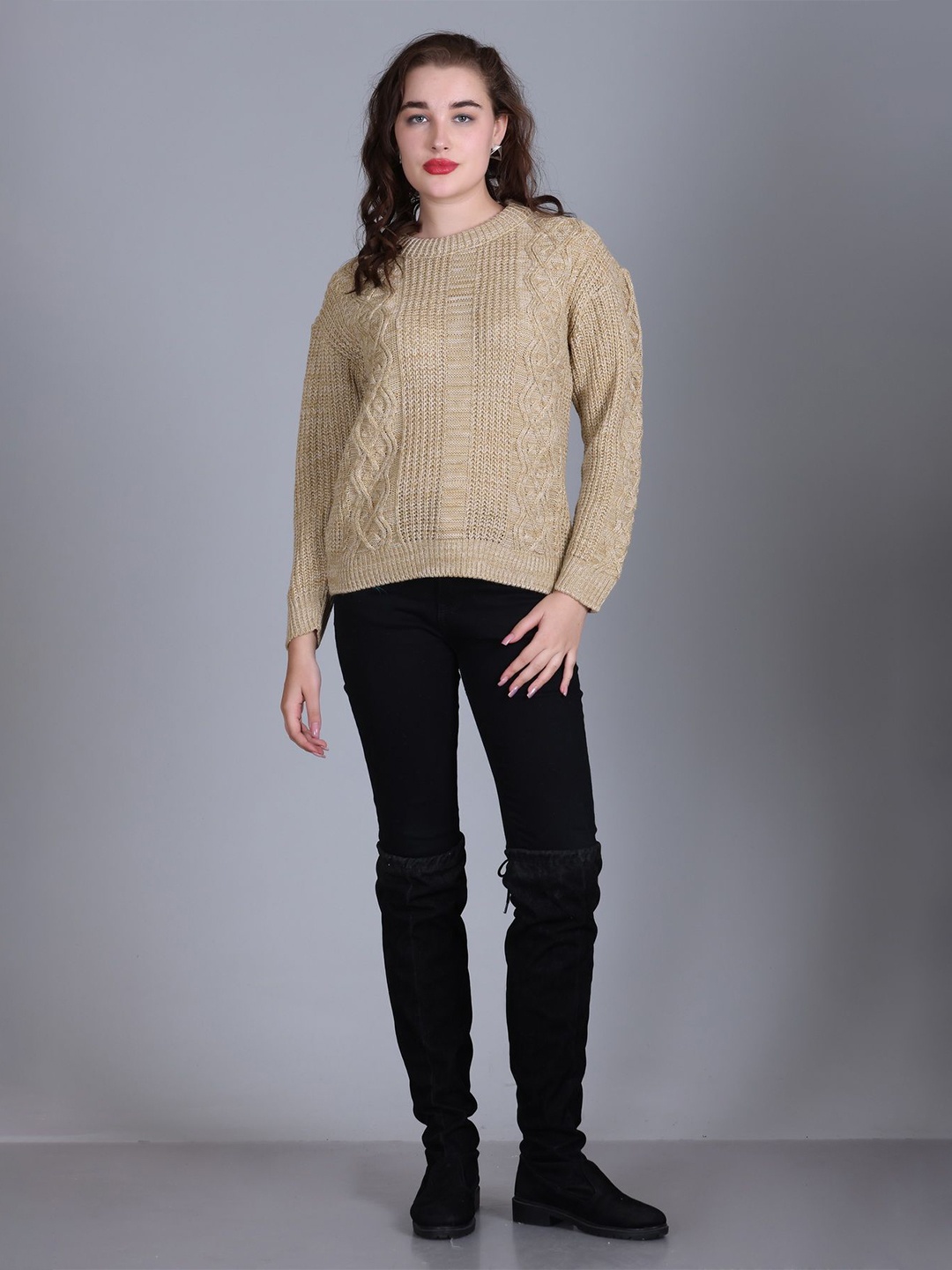 

MONTREX Women Woollen Round Neck Pullover Sweater, Beige