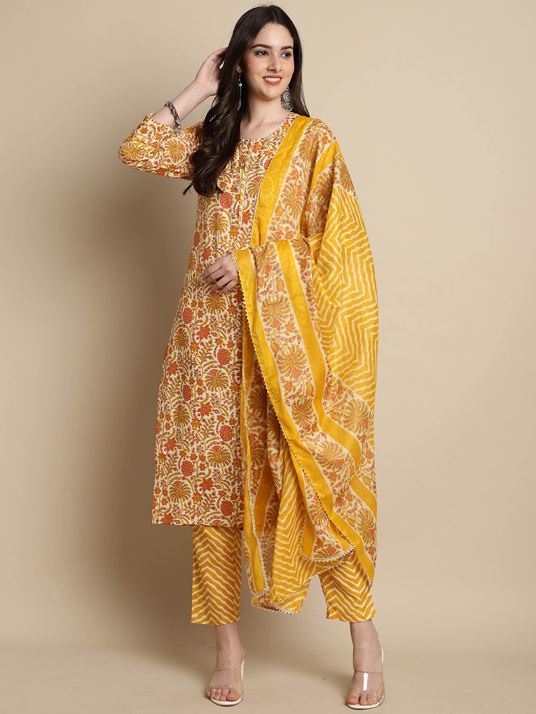 

Roly Poly Women Floral Printed Regular Kurti with Trousers & With Dupatta, Yellow