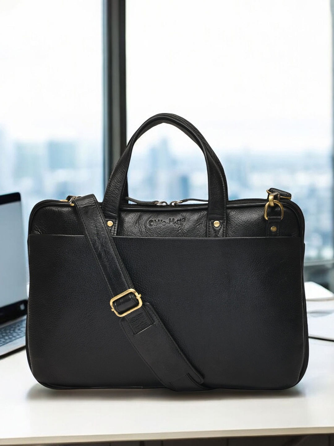 

OLIVE MIST Unisex Leather Detachable Sling Strap Laptop Bag, Black