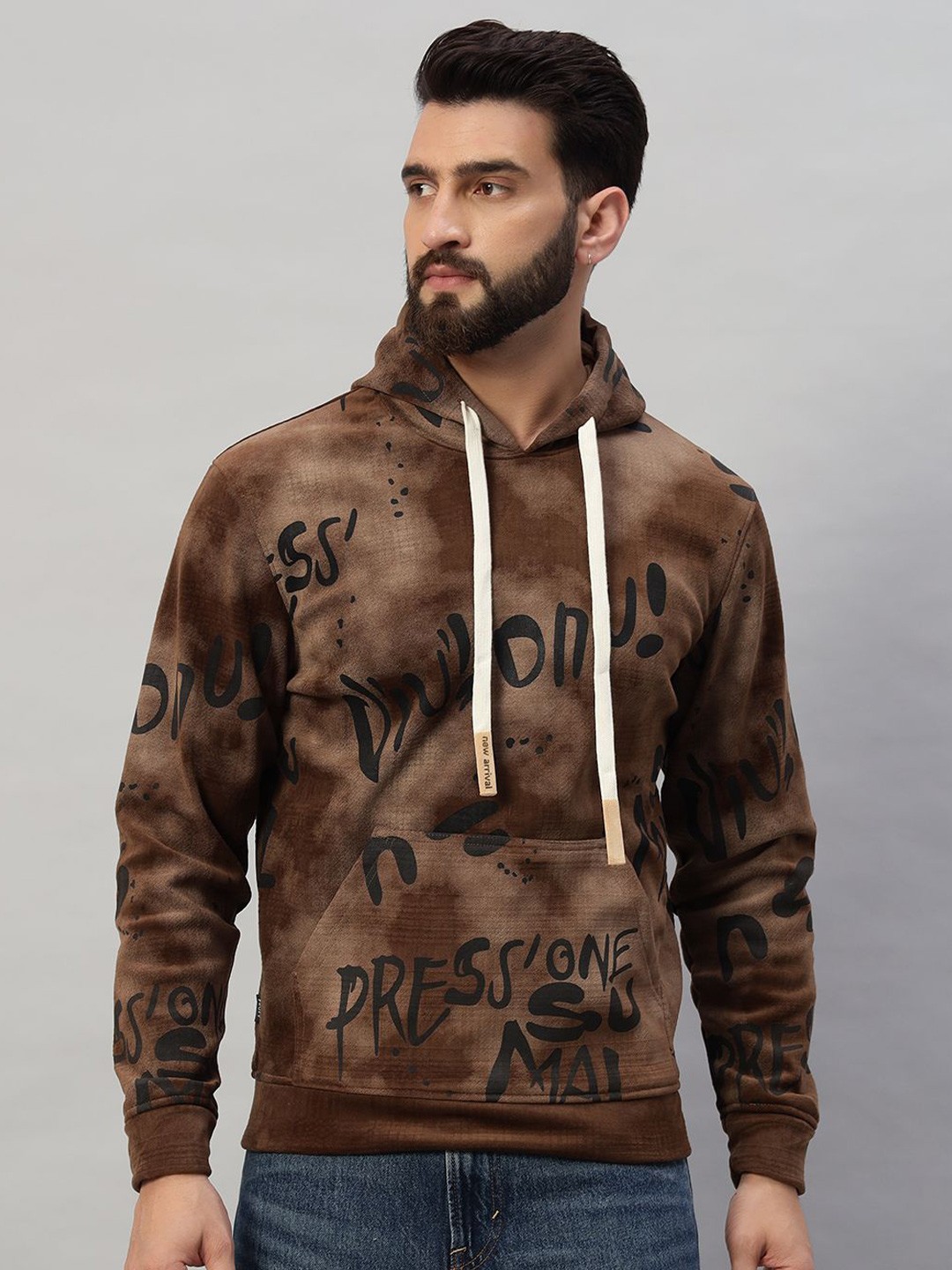 

PROFY Men Printed Long Sleeves Hooded Sweatshirt, Brown