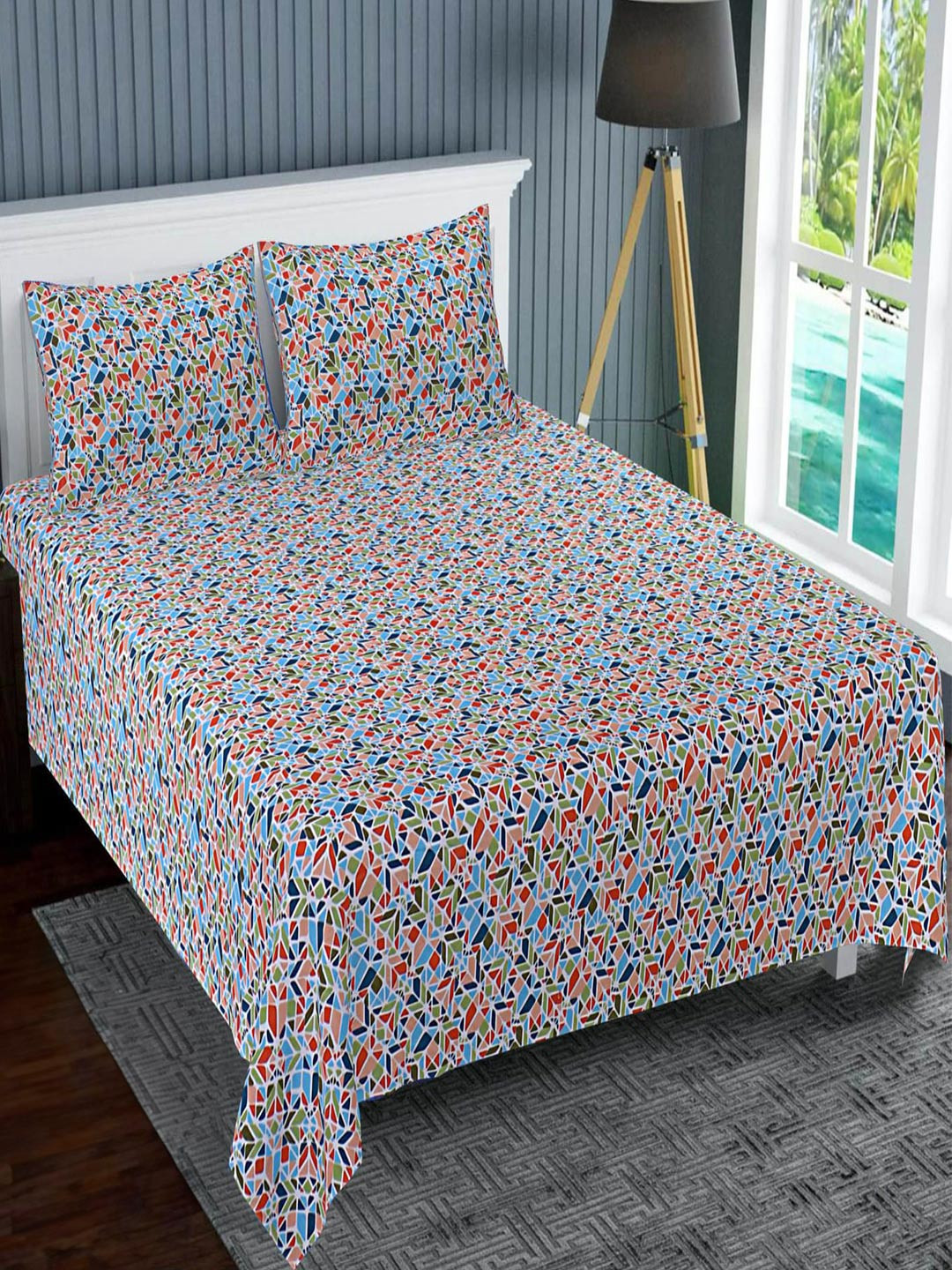 

Kuber Industries Blue & Red Geometric 120 TC King Bedsheet with 2 Pillow Covers