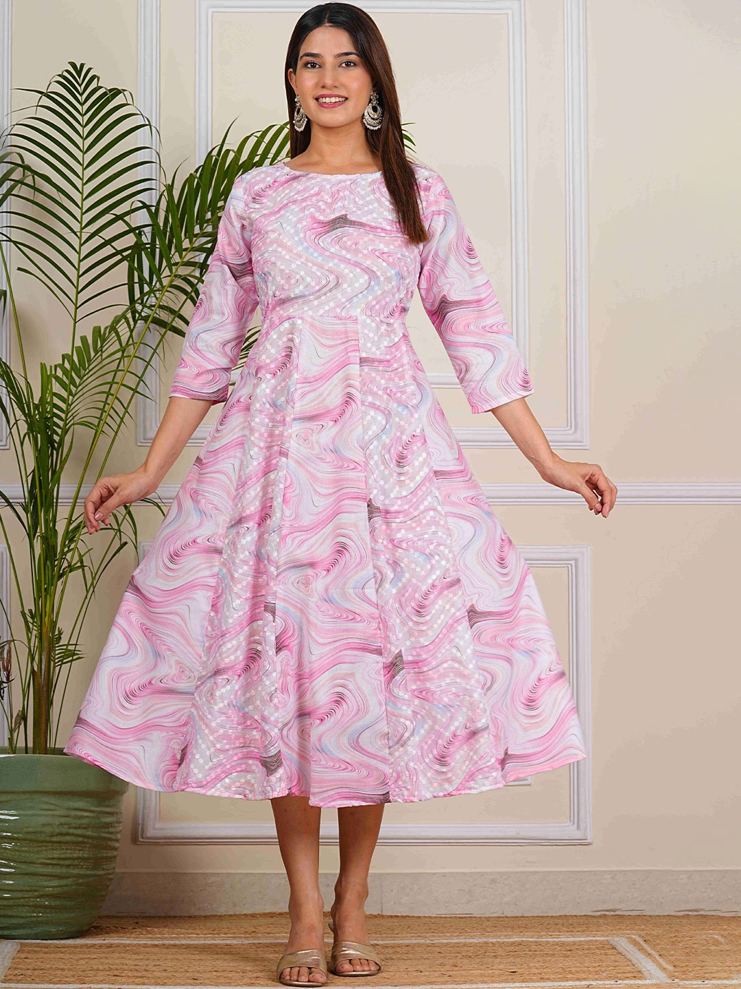 

Aarti Fashion Women Abstract Printed Cotton Fit & Flare Midi Dress, Pink