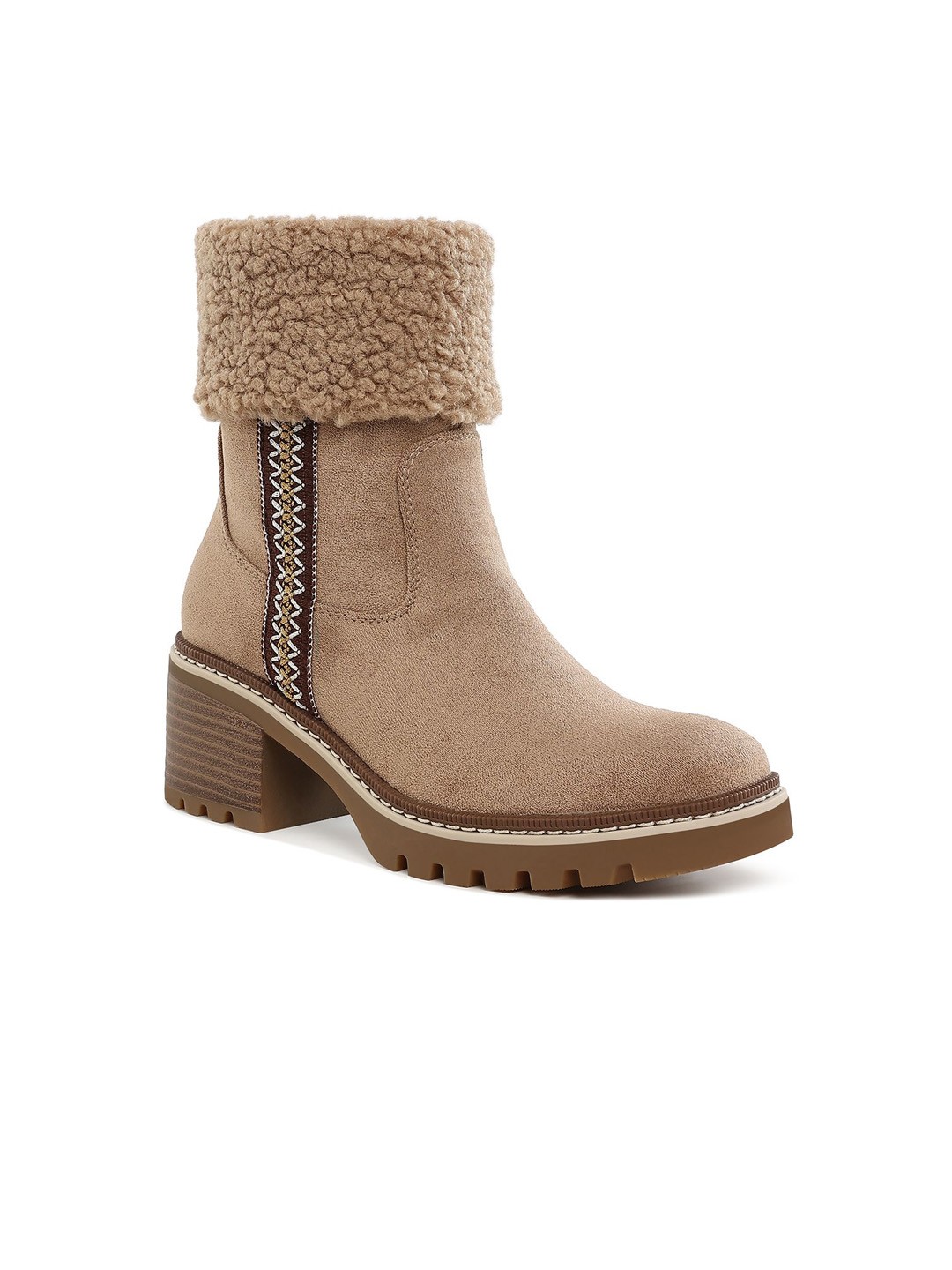 

London Rag Women Embroidery Block-Heeled Winter Boots, Beige