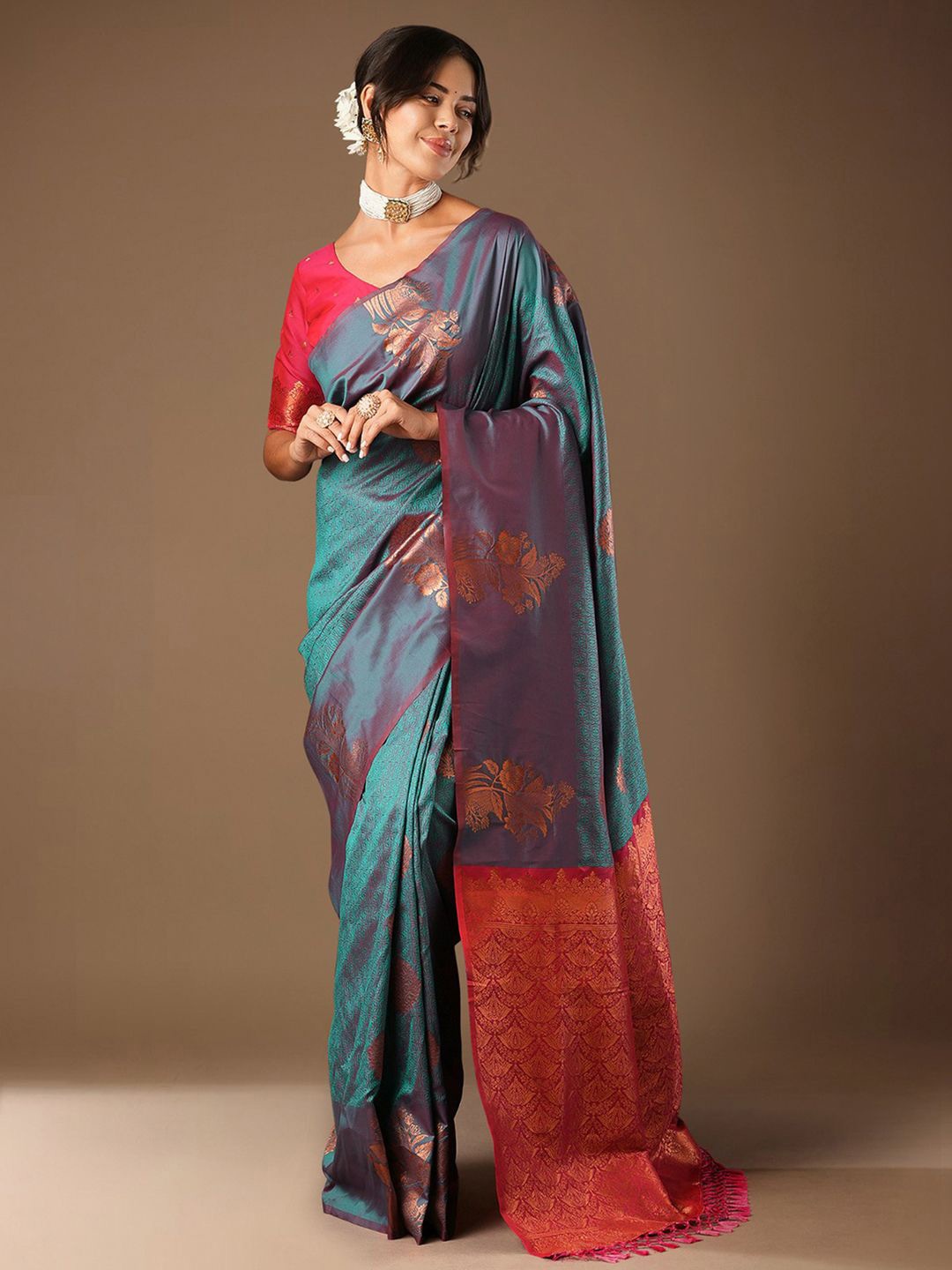 

House of Pataudi Ethnic Motifs Woven Design Banarasi Saree, Teal