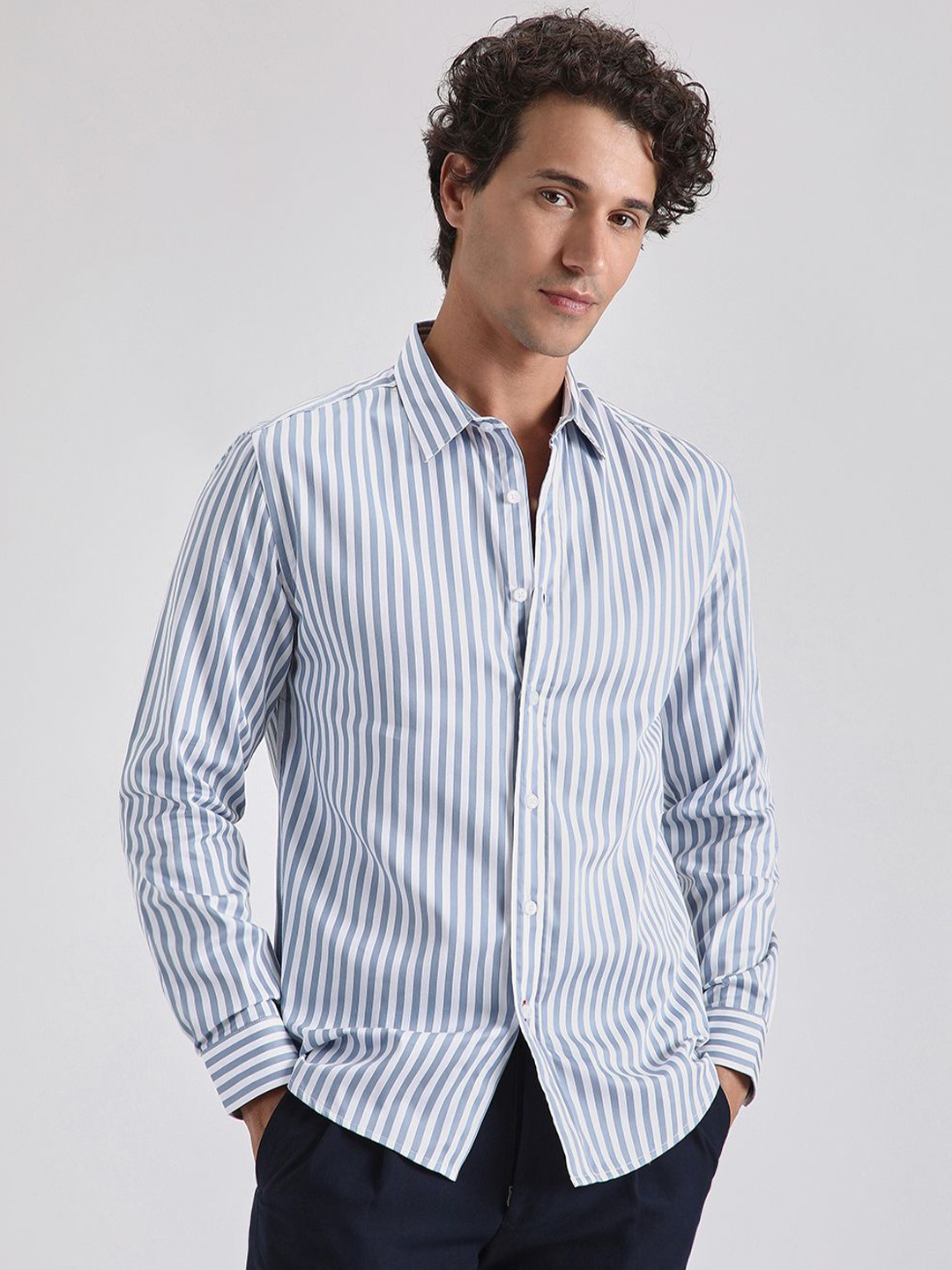 

Banana Club Men Classic Slim Fit Opaque Striped Casual Shirt, Blue