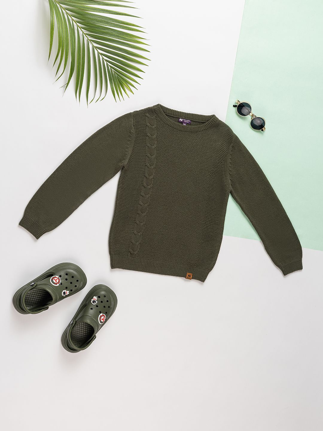 

Purple United Kids Boys Cable Knit Self Design Cotton Pullover, Olive