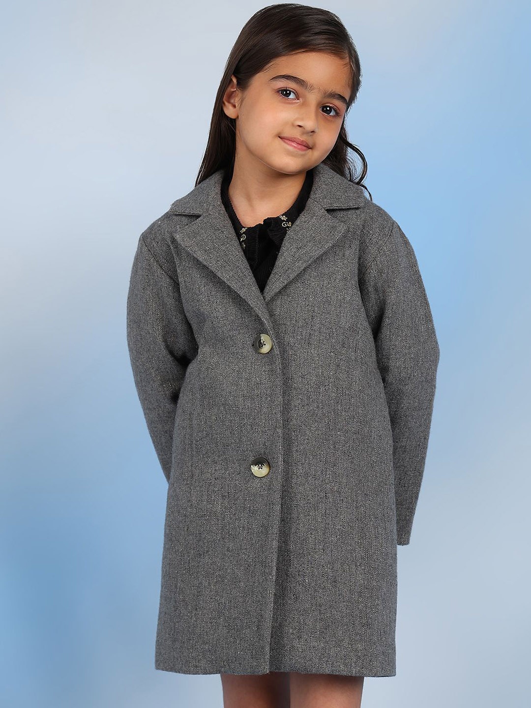 

The Tribe Kids Girls Spread Collar Woollen Longline Overcoat, Grey
