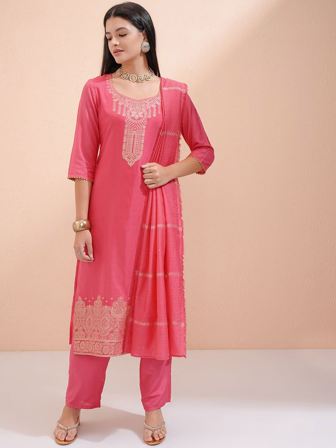 

Vishudh Women Ethnic Motifs Embroidered Regular Kurta with Trousers & With Dupatta, Pink