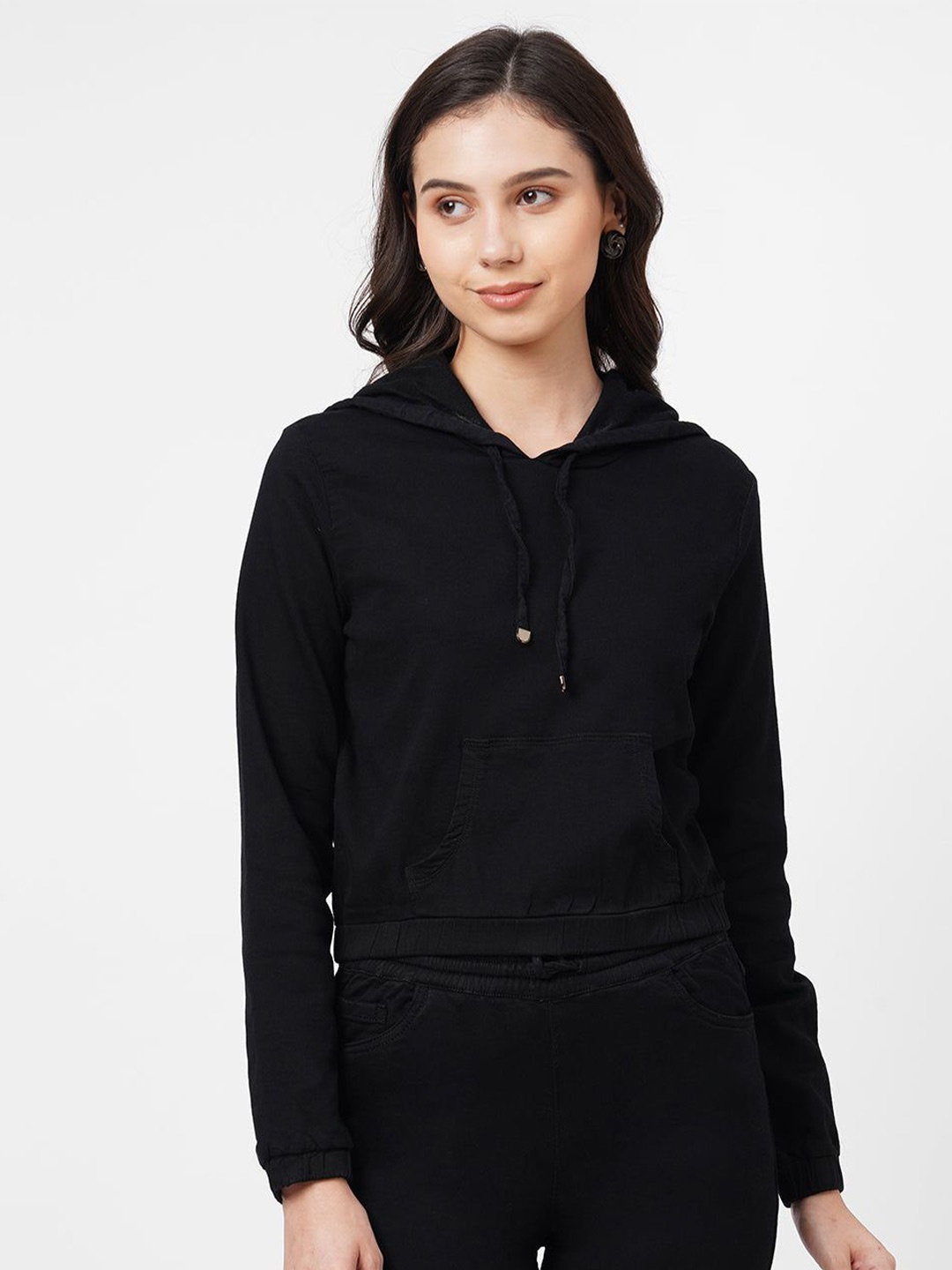 

Kraus Jeans Women Solid Hooded Cotton Sweatshirt, Black